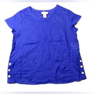 Linen 100%  Short Sleeve Side Button Top in Royal Blue